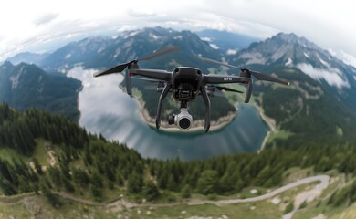 Drone flying over a mountain lake.