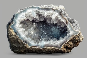 Leinwandbilder - purple crystal with white star on it, Crystal geode, 3D cracked open revealing sparkling crystals inside Transparent background