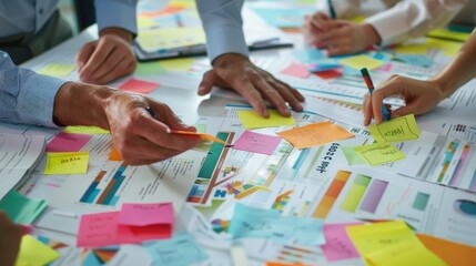 An engaging low angle view of a creative office table filled with colorful sticky notes, documents, and charts, with hands actively contributing to a brainstorming session.