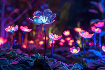 Wall Mural - A futuristic garden with bioluminescent flowers glowing in every color.