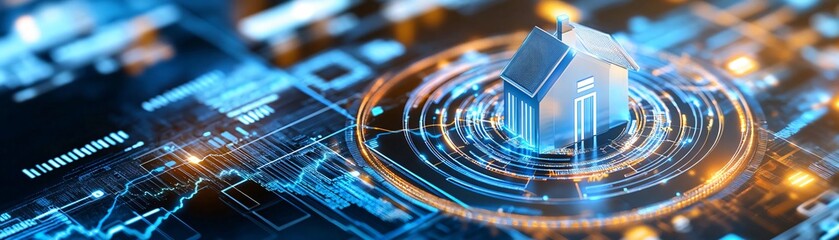 Poster - Futuristic home structure surrounded by data visualization and technology icons, representing smart home concepts and digital innovation.