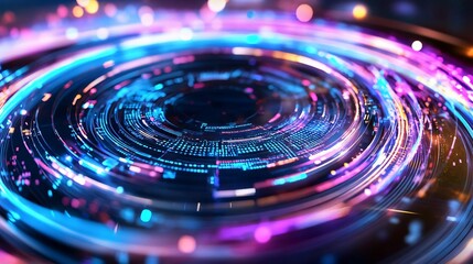 Poster - Vibrant abstract digital background featuring colorful light trails and circular patterns, ideal for tech and design projects.
