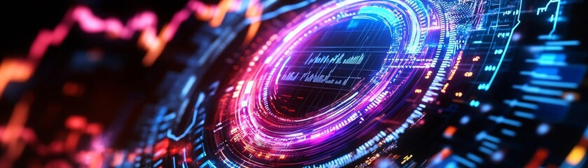 Poster - Vibrant abstract digital background showcasing bright circular patterns and intricate details in a futuristic design.