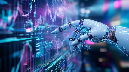 Poster - Futuristic robot hand interacting with digital graphs, symbolizing technology, innovation, and data analysis in a vibrant setting.