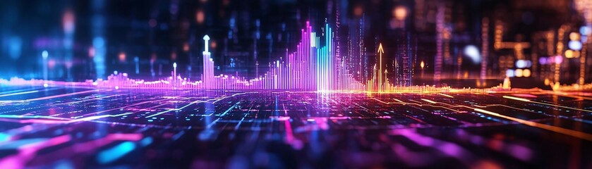 Poster - Vibrant abstract digital landscape with colorful light trails and graph patterns, symbolizing data visualization and technology.