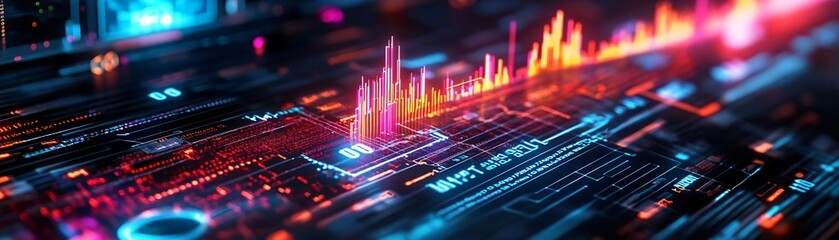 Poster - Vibrant digital abstraction showcasing data visualization with colorful peaks and lines, representing technology and analysis.