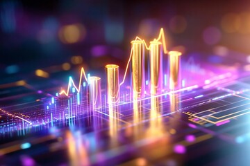 Poster - Vibrant digital financial graph with colorful lines and bars, representing data trends and analytics in a futuristic setting.