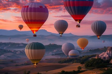 Wall Mural - A kaleidoscope of colorful hot air balloons floating over a picturesque valley at dawn.