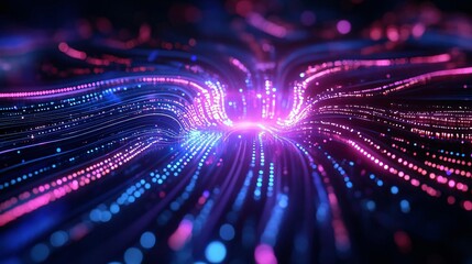 Poster - Vibrant digital particles flow dynamically, creating a stunning abstract light display in hues of pink and blue.