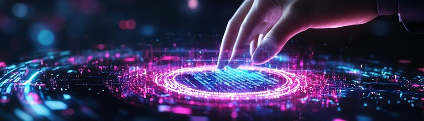 Poster - A futuristic hand touches a glowing, digital interface filled with vibrant particles and dynamic swirling lights.