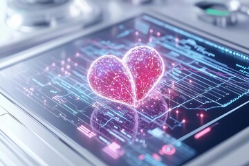 Poster - A glowing heart shape on a futuristic screen, symbolizing love, technology, and medical innovation in a digital world.