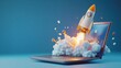© kept - A vibrant pink rocket launching from a laptop screen, symbolizing innovation, technology, and digital creativity in a futuristic style.