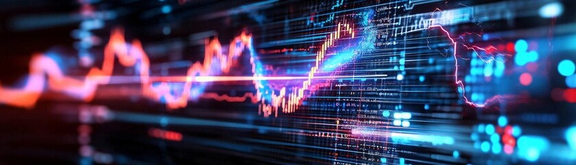 Poster - Abstract data visualization showing dynamic market trends in vibrant colors, representing financial activity and analytics.