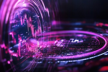 Poster - Abstract digital design featuring vibrant purple and pink colors, representing technology and data visualization in a futuristic style.