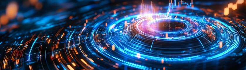 Poster - Abstract digital illustration featuring vibrant blue and orange light patterns, representing modern technology and innovation.