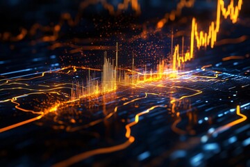 Poster - Abstract digital visualization of market trends with glowing lines and data spikes representing financial growth and analysis.