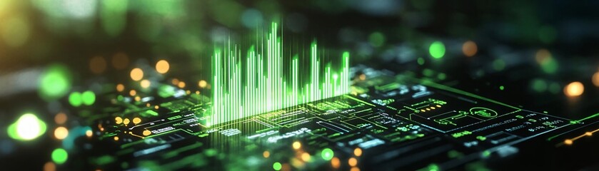 Poster - Abstract technology background with digital green wave graphic on a circuit board, representing data processing and innovation.