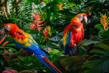 Wall Mural - A lush tropical garden with vividly colored parrots perched amongst the foliage.
