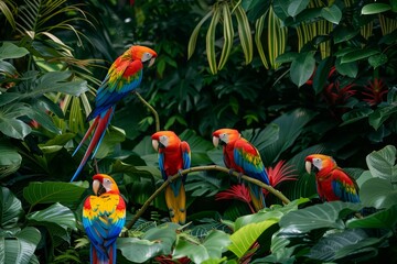 Wall Mural - A lush tropical garden with vividly colored parrots perched amongst the foliage.