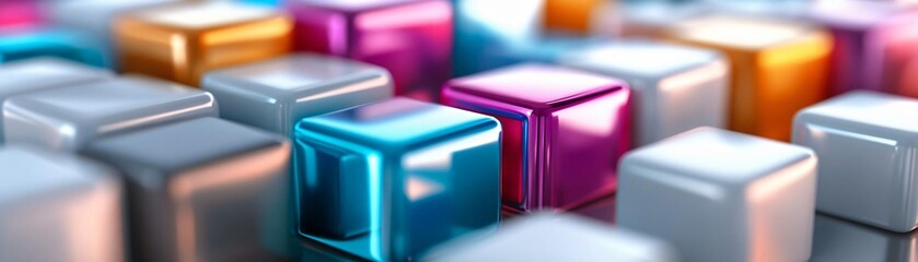 Poster - Close-up of vibrant, glossy cubes in various colors, creating an abstract composition with reflections and depth.