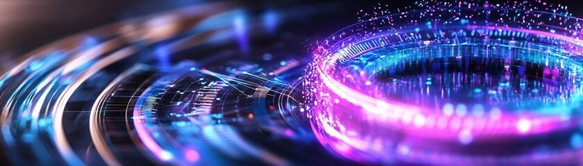 Poster - Colorful abstract background with luminous rings and sparkles, perfect for technology or digital art themes.
