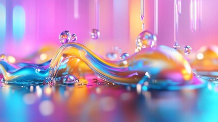 Poster - Colorful liquid wave with bubbles reflecting vibrant light, showcasing abstract beauty and motion in a mesmerizing composition.
