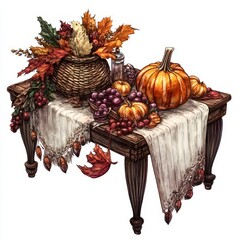 A Thanksgiving table with ghostly decorations and cornucopia, detailed illustration, dark and warm tones, isolated on white background