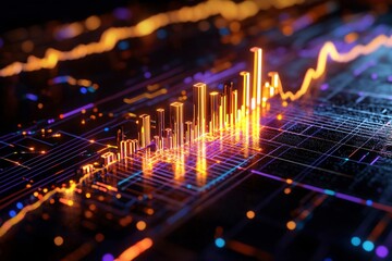 Poster - Dynamic data visualization with glowing lines and vibrant graphs representing fluctuating statistics in a digital environment.