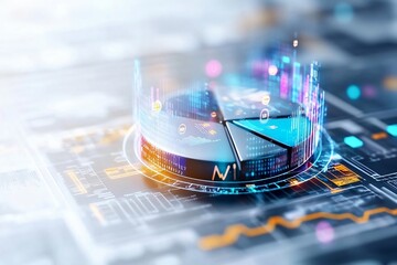 Poster - Futuristic data visualization with a holographic pie chart and digital graphs, showcasing analytics and business intelligence concepts.