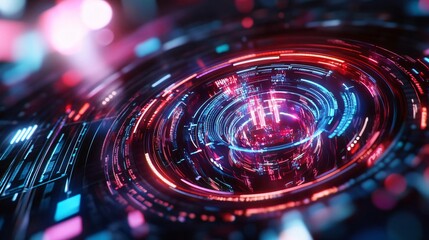 Poster - Futuristic digital abstract background featuring vibrant neon colors and glowing circles. Ideal for technology and innovation themes.