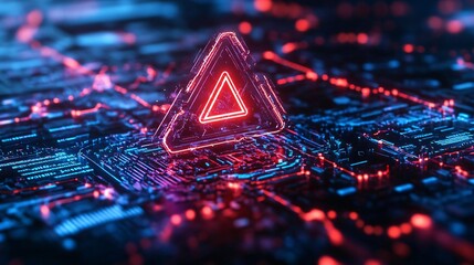 Poster - Futuristic digital background featuring a glowing warning symbol surrounded by vibrant circuitry and neon lights.