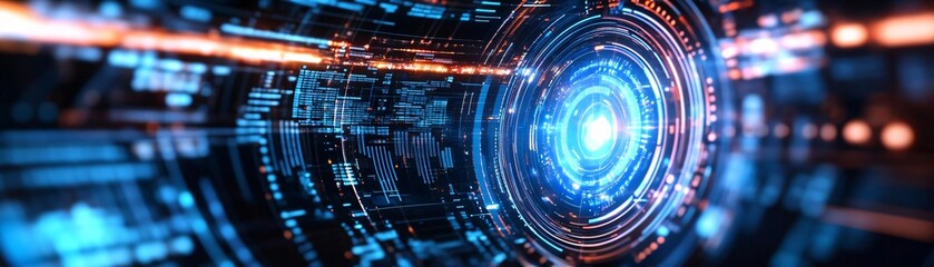 Poster - Futuristic digital tunnel with glowing lights and data patterns, representing technology, innovation, and advanced connectivity.