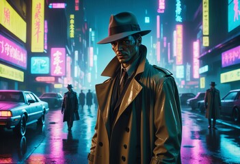 Wall Mural - A vividly depicted cyberpunk detective