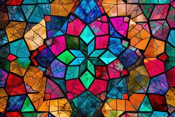 Wall Mural - A mosaic of colorful, geometric patterns with vibrant hues and intricate details.