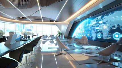 Wall Mural - A high-tech business lounge with digital screens showing merger announcements