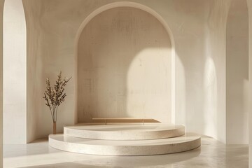 Poster - Minimal empty podium displaying product on round terrazzo pedestal with sunlight arch shadow and dried flower decoration