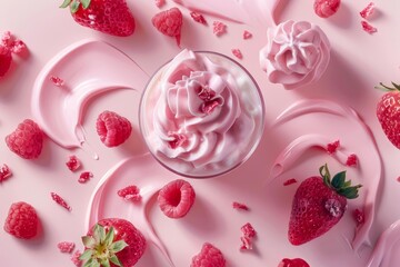 Wall Mural - Delicious pink cream dessert with strawberries and raspberries on pink background, perfect for pastry chef