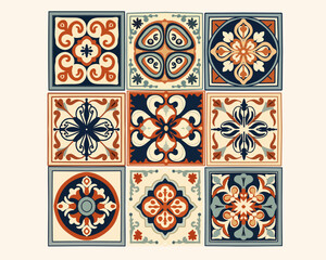 Collection of 9 ceramic tiles in Turkish style in sand color. Azulejo. Decor of Portugal and Spain. Islam, Arabic, Indian, Ottoman motif. Hand drawn vector background