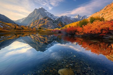 Wall Mural - A serene mountain lake at sunrise with colorful autumn foliage reflecting on the still water.