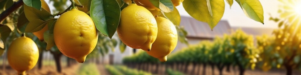 Bunches of fresh yellow ripe lemons on lemon tree branches in garden