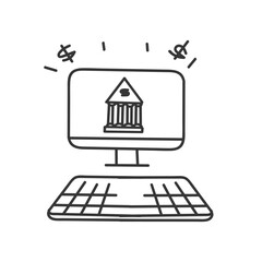 hand drawn doodle bank building on computer laptop or mobile phone illustration