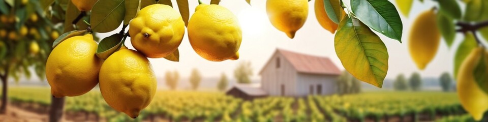 Bunches of fresh yellow ripe lemons on lemon tree branches in garden