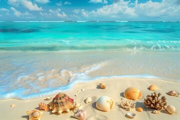 Wall Mural - A tropical beach with turquoise waters, a colorful coral reef visible beneath the waves, and vibrant seashells scattered on the sandy shore.