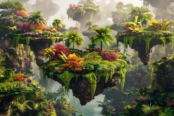 Wall Mural - A surreal landscape with floating islands, each covered in lush, multicolored vegetation.