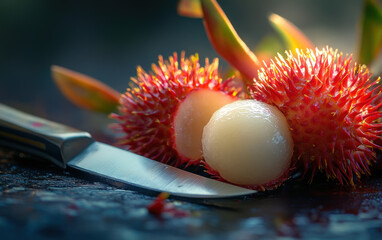 a knife is on a table with two pieces of fruit, one of which is a lime