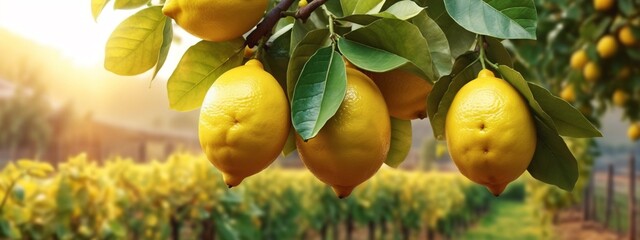 Bunches of fresh yellow ripe lemons on lemon tree branches in garden