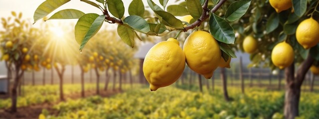 Bunches of fresh yellow ripe lemons on lemon tree branches in garden