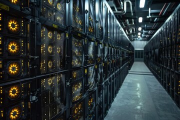 Sticker - Network server room with computers and data processing units working with lights blinking