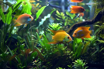 Wall Mural - A tropical fish tank with a variety of vividly colored fish swimming among the plants.