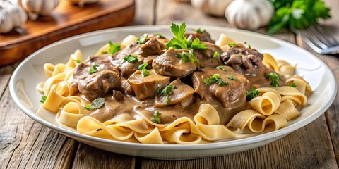 Wall Mural - Delicious beef stroganoff with mushrooms served on a white plate, beef, stroganoff, mushrooms, dinner, meal, food, cuisine, gourmet